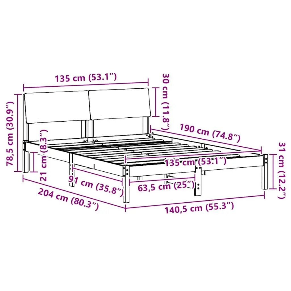 Brown Solid Pine Wood Bed Frame 135 x 190 cm with Headboard