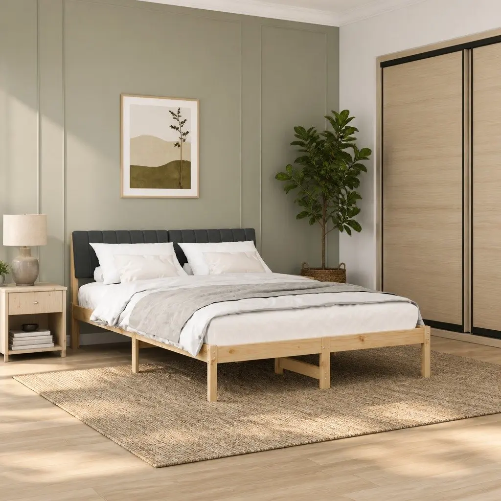 Solid Pine Wood Bed Frame with Dark Grey Headboard