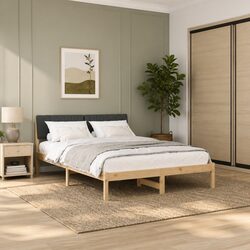 Bed Frame 135 x 190 cm Solid Pine Wood Brown Dark Grey Headboard Slatted