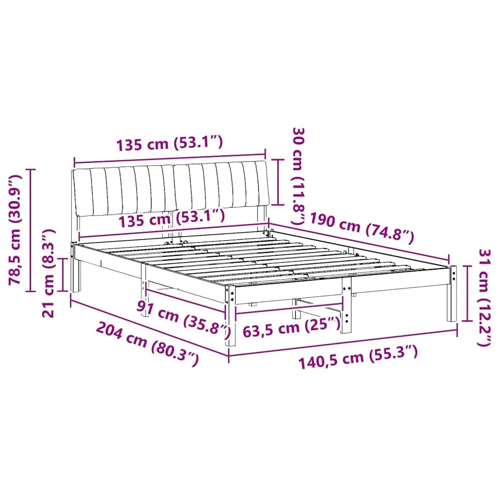 Solid Pine Wood Bed Frame with Dark Grey Headboard