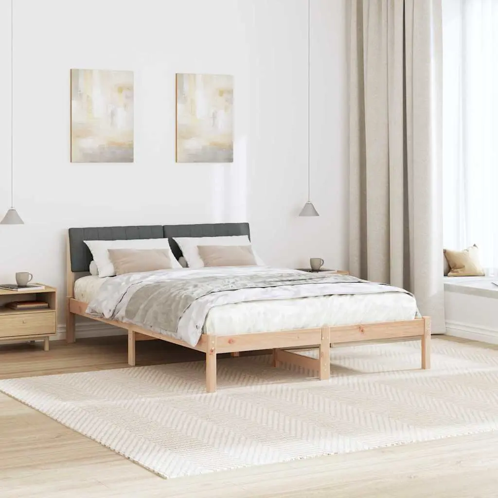 Solid Pine Wood Bed Frame with Dark Grey Headboard