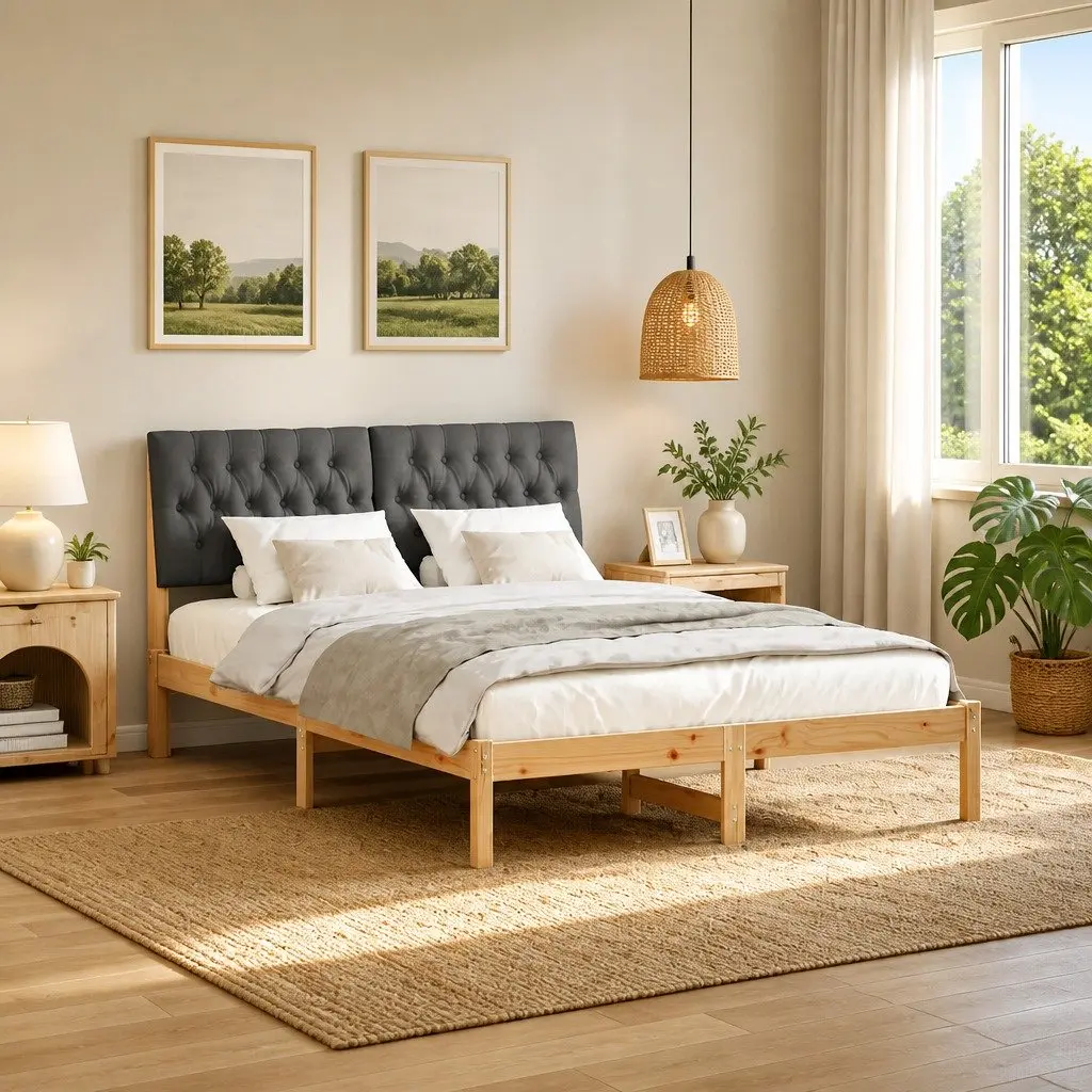 Brown Upholstered Headboard Bed Frame 135 x 190 cm
