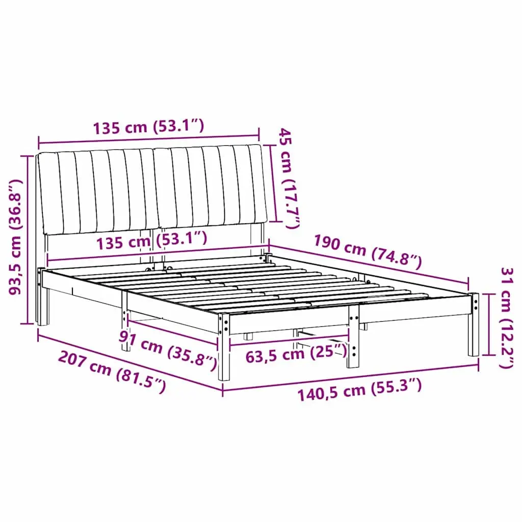 Solid Pine Bed Frame with Upholstered Headboard, Brown