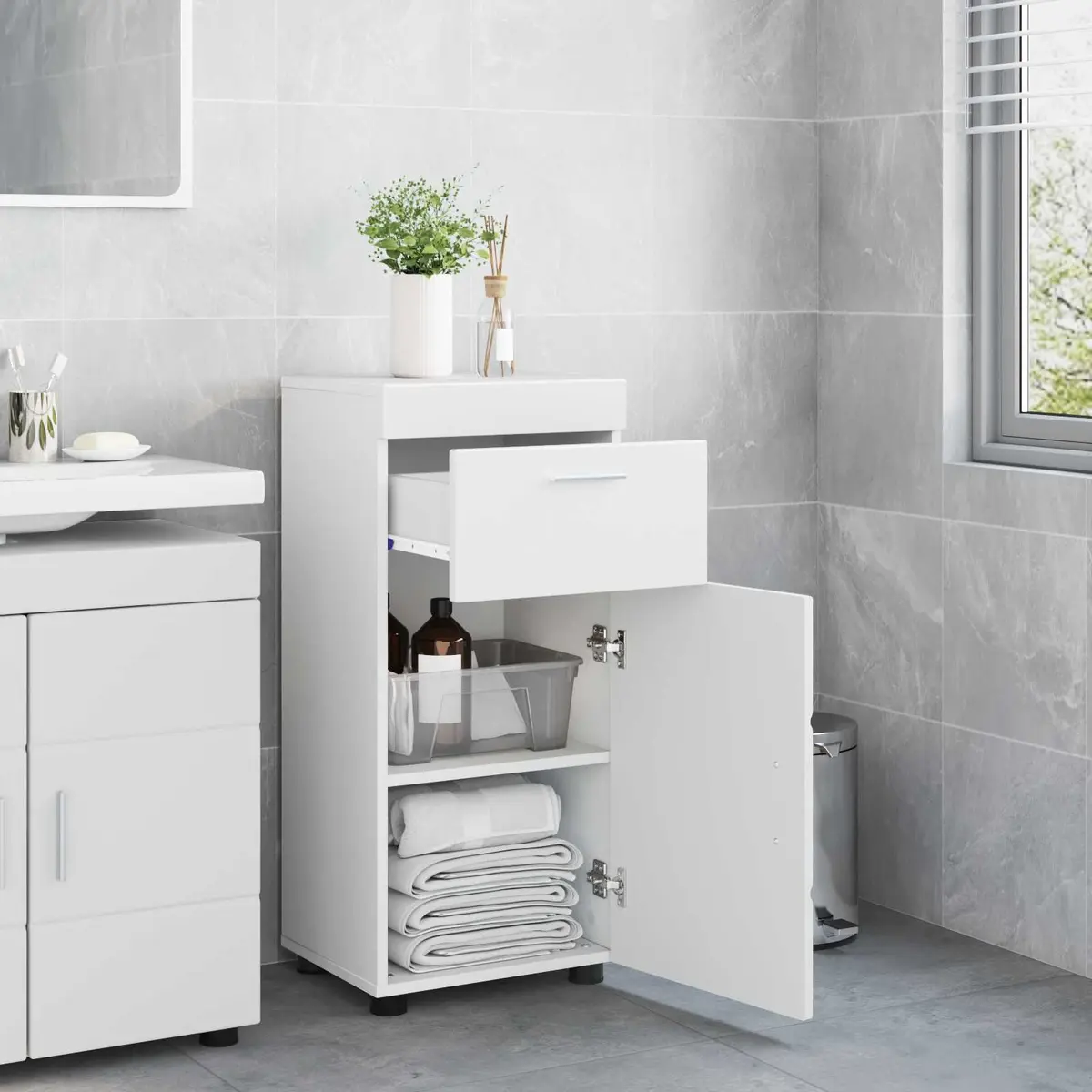 Bathroom Vanity Unit with Drawer Storage Cabinet White Modern Matte
