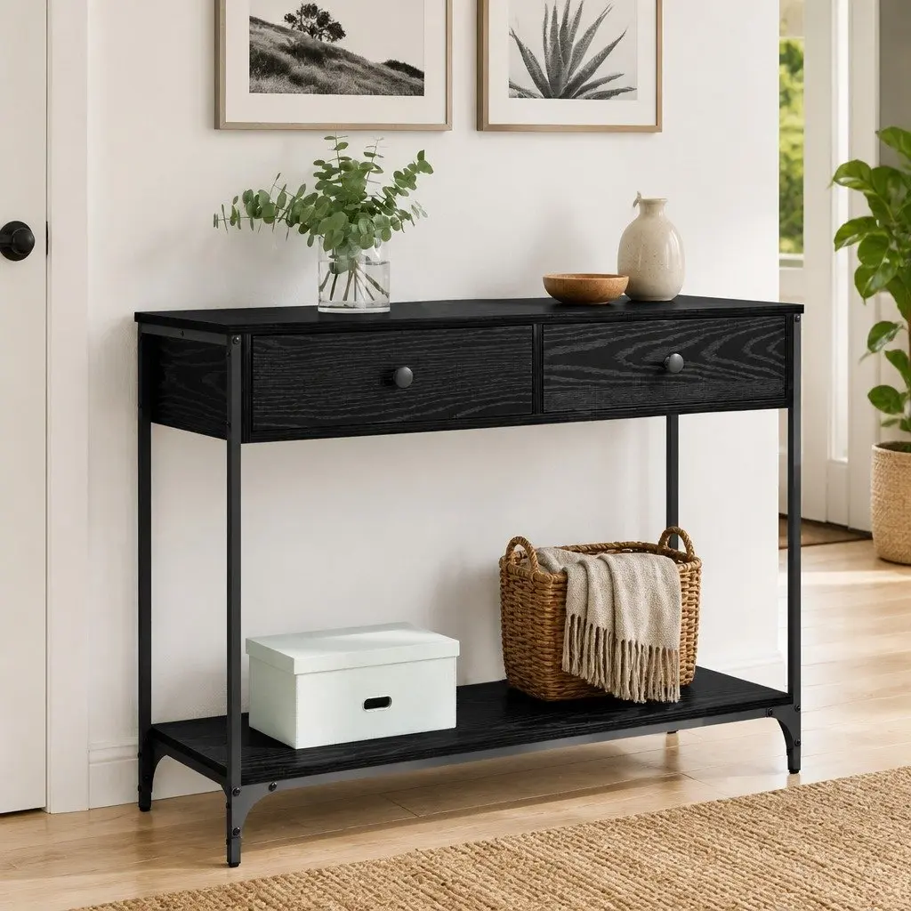 Console Table Engineered Wood Steel 100x34.5x75cm Black Oak