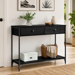 Industrial Style Console Table with Storage in Black Oak