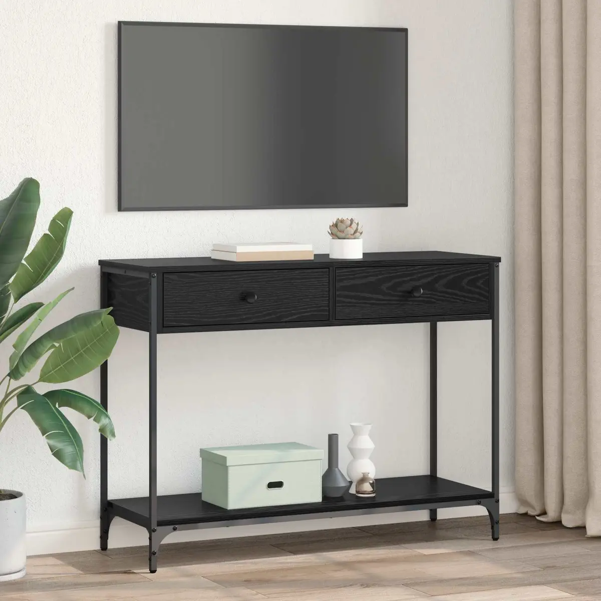 Console Table Engineered Wood Steel 100x34.5x75cm Black Oak