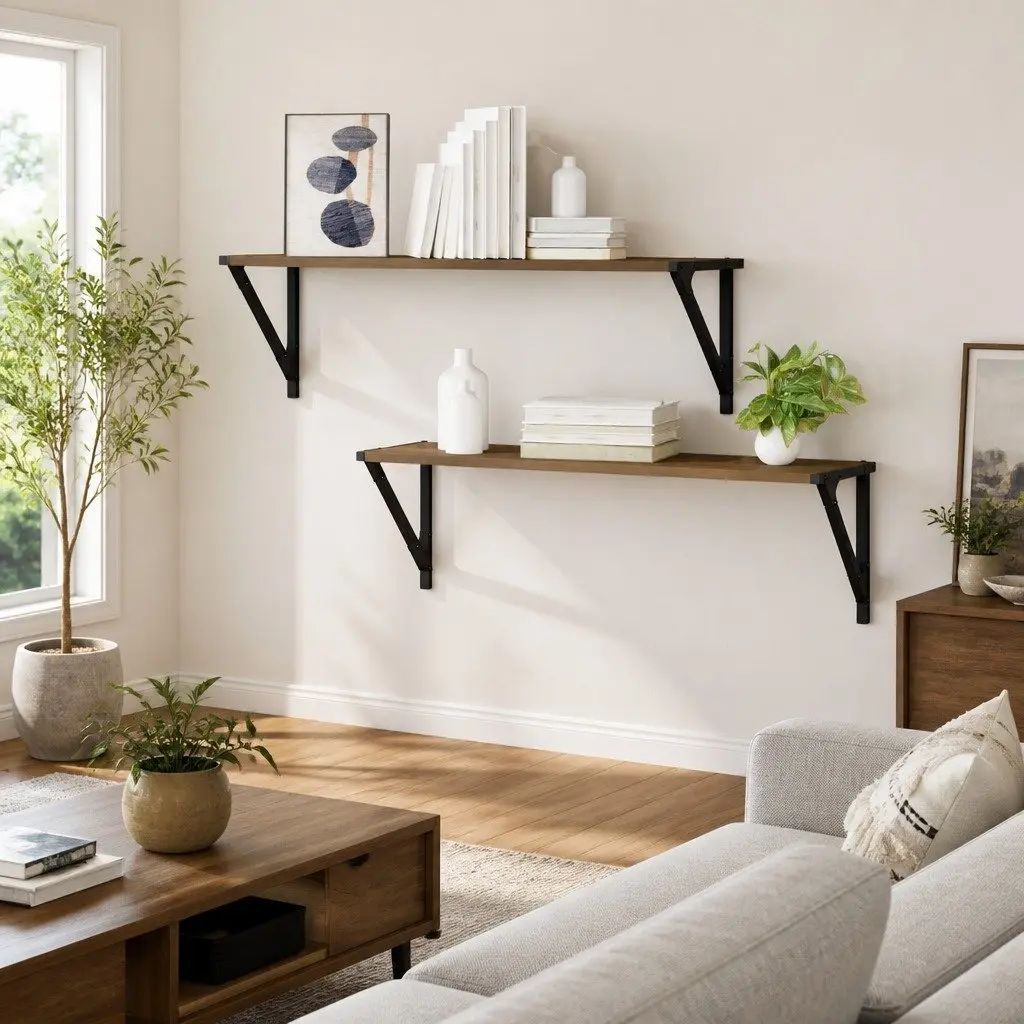 Engineered Wood Brown Floating Wall Shelves with Metal Frame