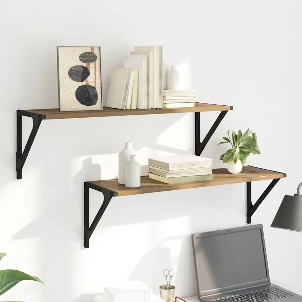 Engineered Wood Brown Floating Wall Shelves with Metal Frame