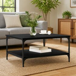 Coffee Table Black Industrial Living Room Furniture Engineered Wood Storage