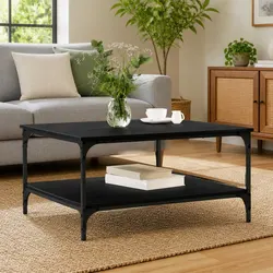 Sturdy Black Industrial Coffee Table with Storage Shelves