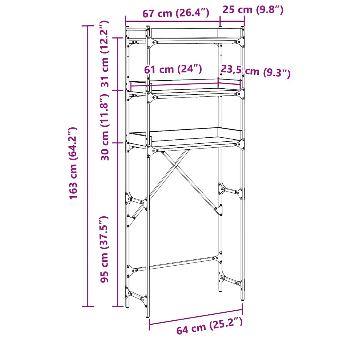 Washing Machine Shelf Engineered Wood Steel 67 x 25 x 163 cm Black