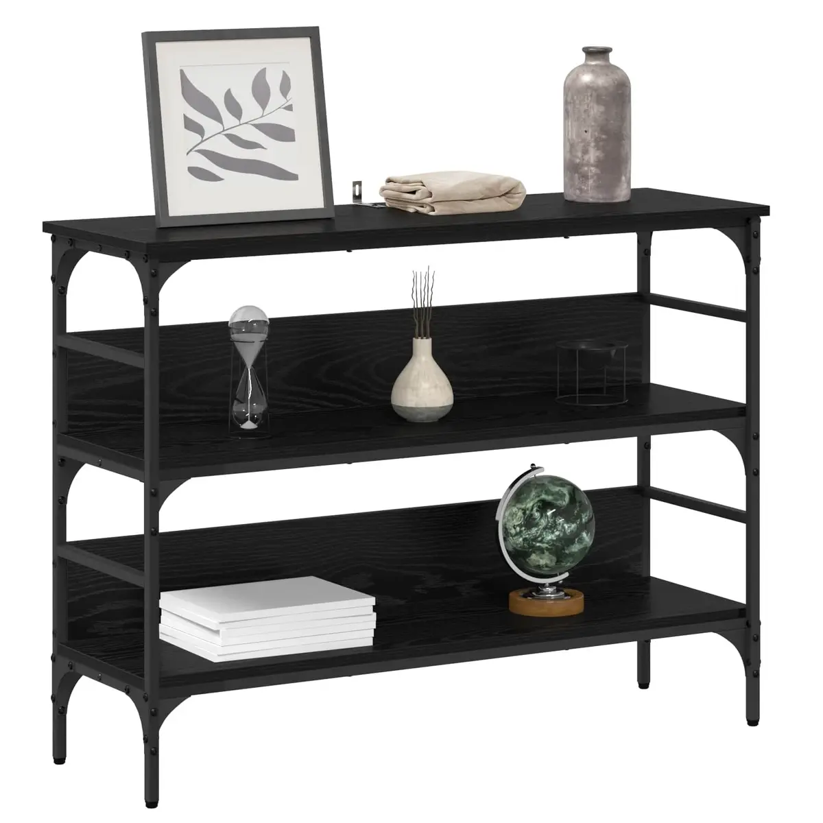 Black Console Table with Engineered Wood and Steel Frame