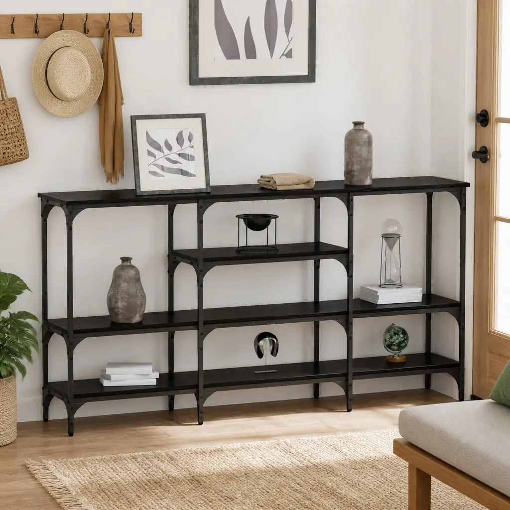 Industrial Black Oak Console Table with Steel Frame