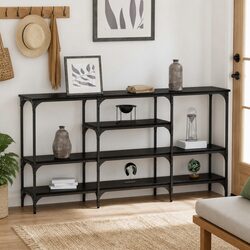 Industrial Black Oak Console Table with Steel Frame