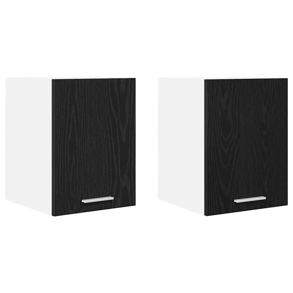 Black Oak and White Hanging Kitchen Cabinets Set
