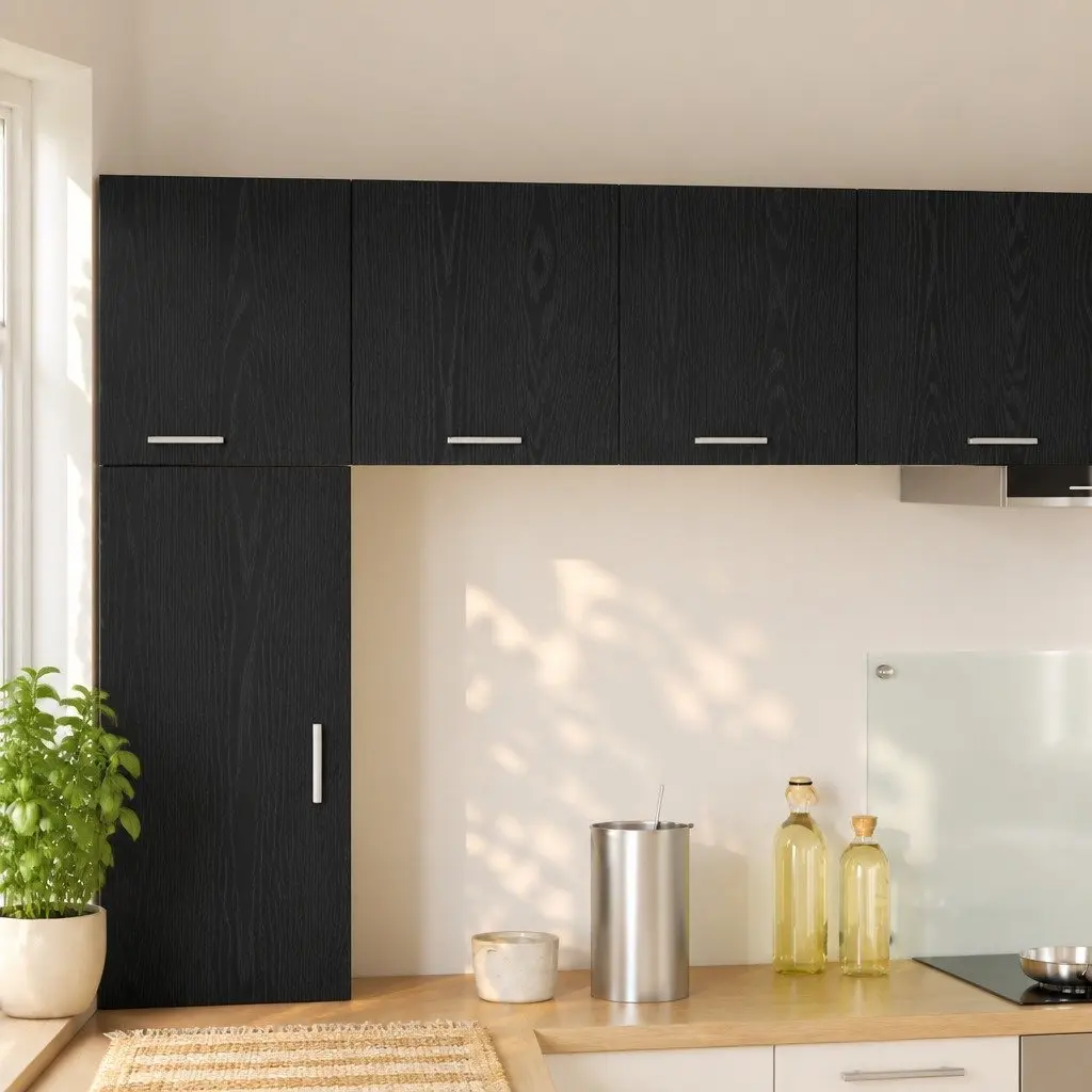 Kitchen Hanging Cabinet Set in Black Oak and White