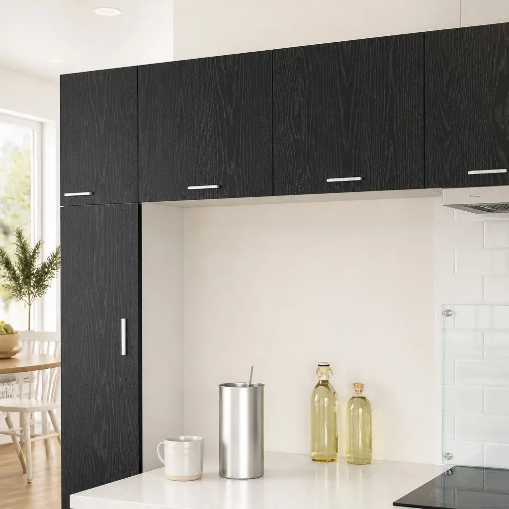 Black Oak & White Hanging Kitchen Cabinets Set