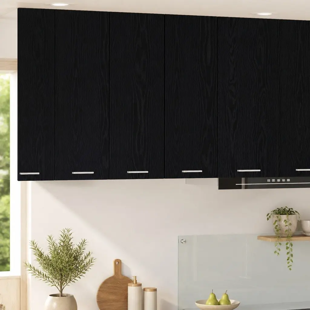 Black Oak and White Hanging Kitchen Cabinets