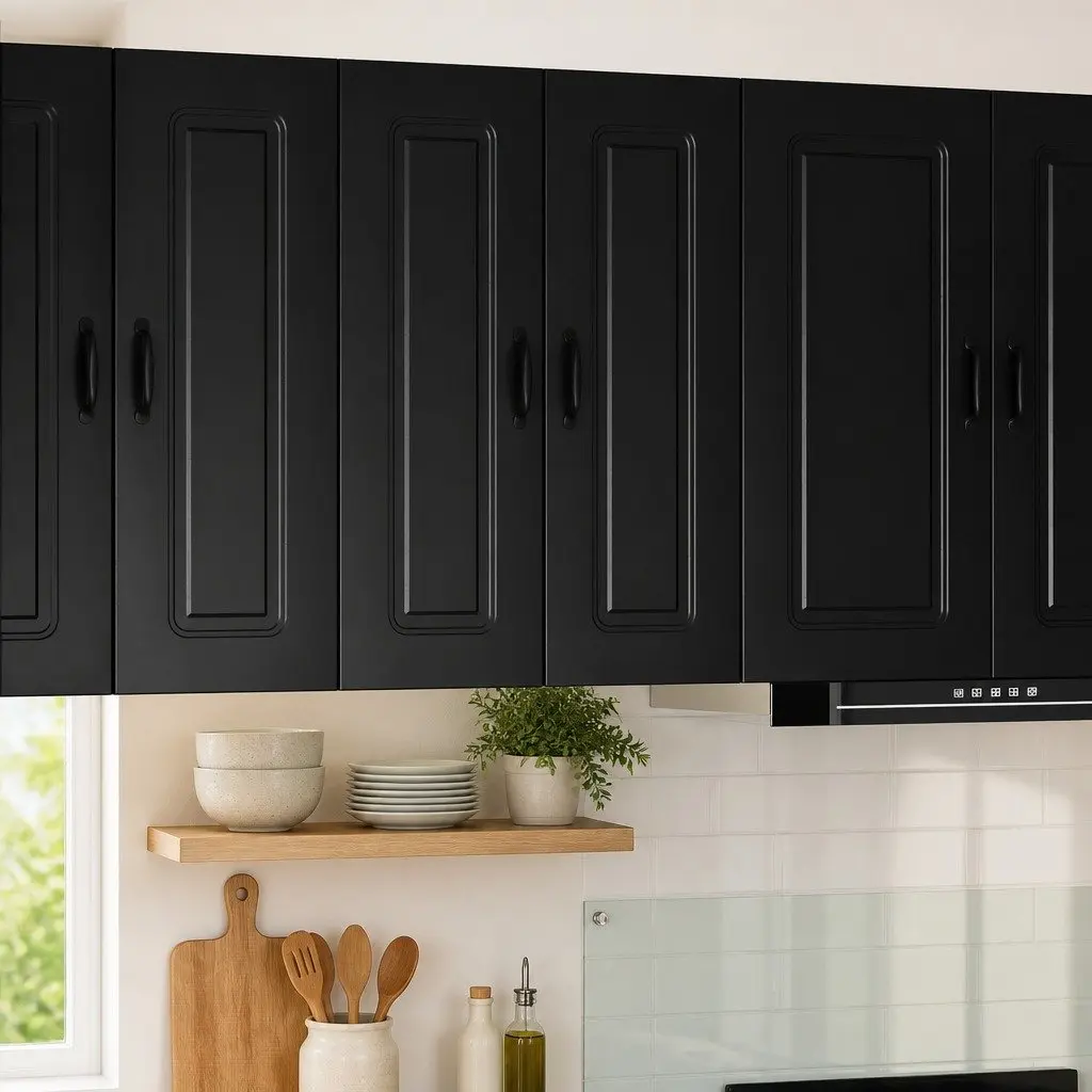 Black Engineered Wood Kitchen Cabinet with Storage