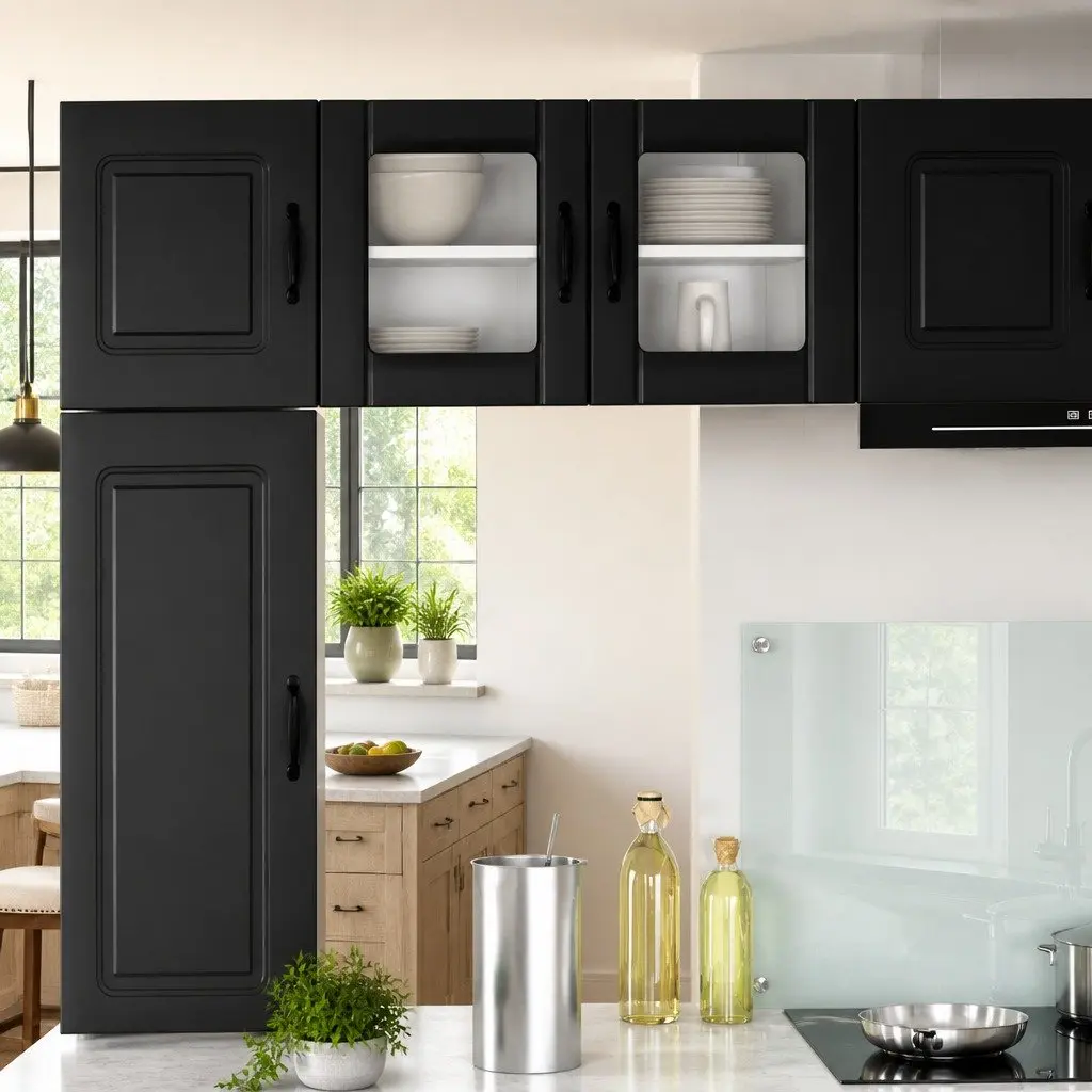 Black Glass Wall Cabinet for Kitchen Storage