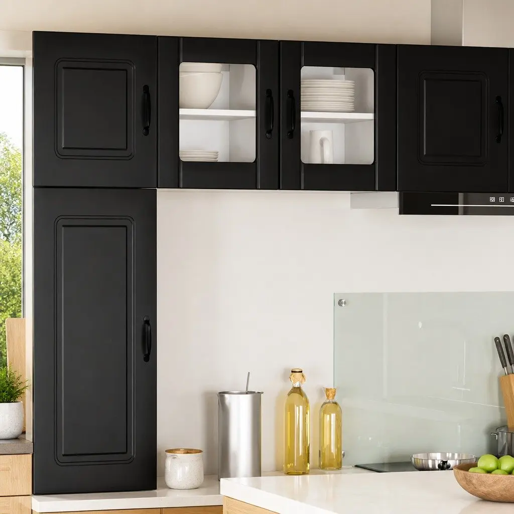 Black Wall Glass Cabinet Storage Unit Set