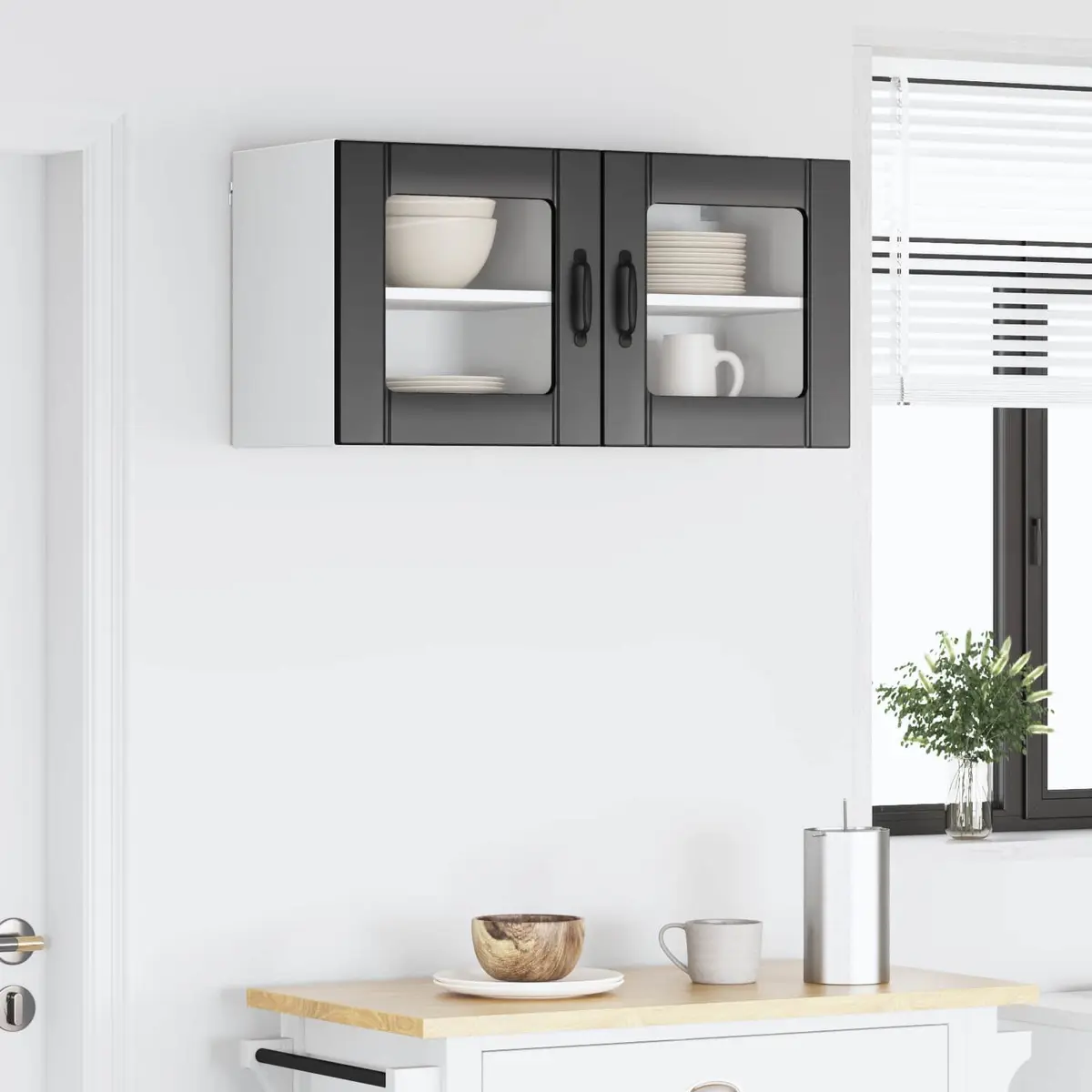 Black Wall Glass Cabinet Storage Unit Set