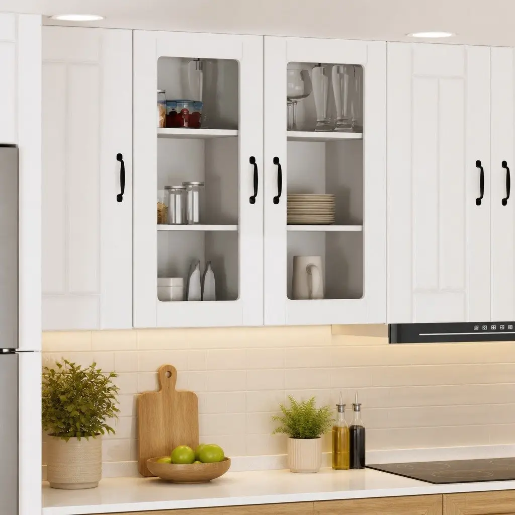 High Gloss White Wall Glass Cabinet 2 Pcs Kitchen Unit
