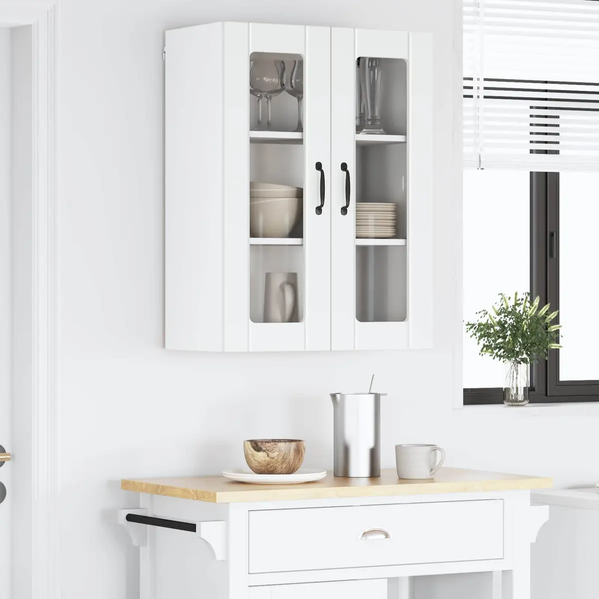 Wall Glass Cabinet White Kitchen Storage Engineered Wood 60 x 31 x 80 cm Modern