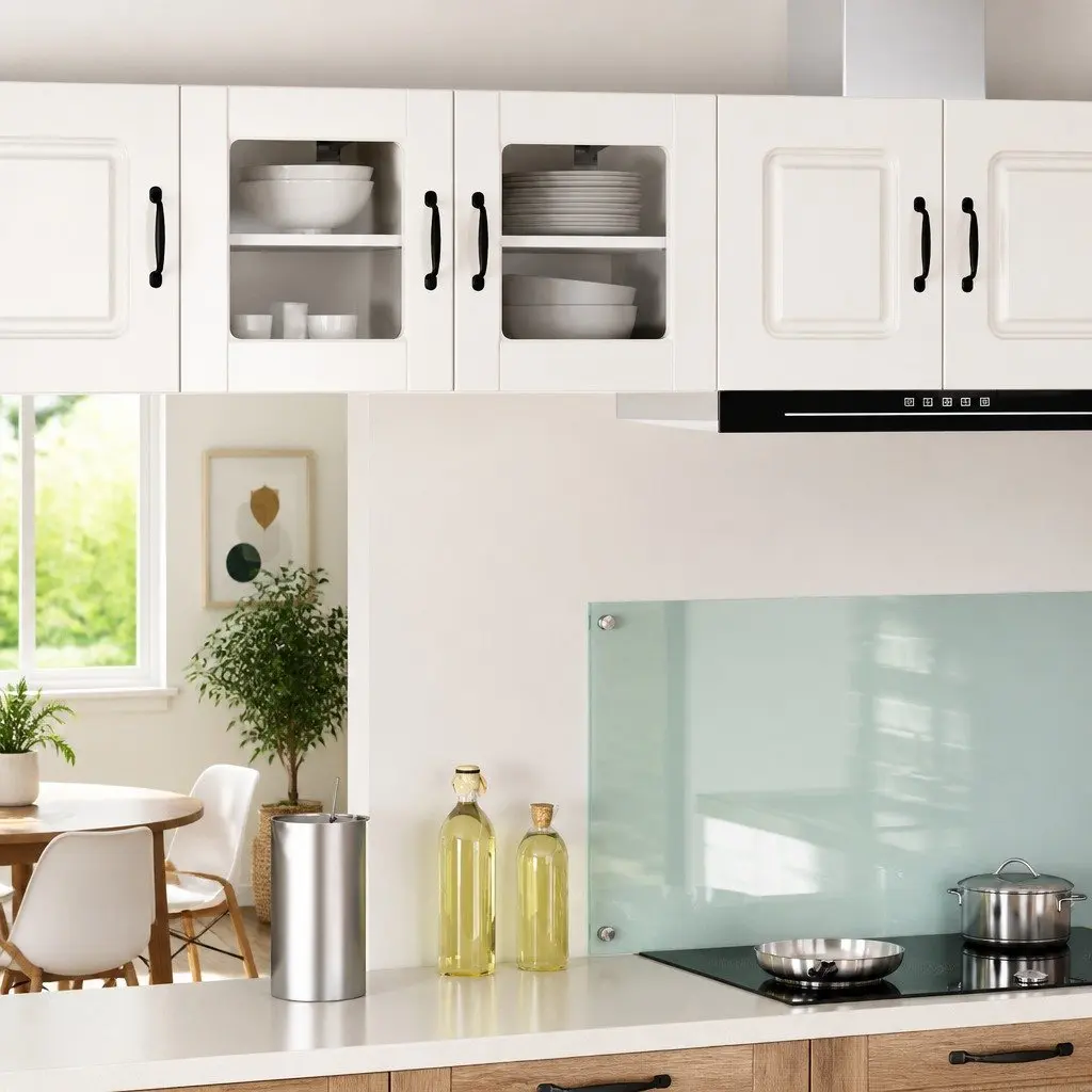 High Gloss White Wall Glass Cabinet with Wooden Shelves