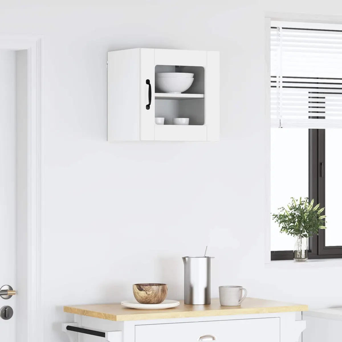 High Gloss White Wall Glass Cabinet with Wooden Shelves
