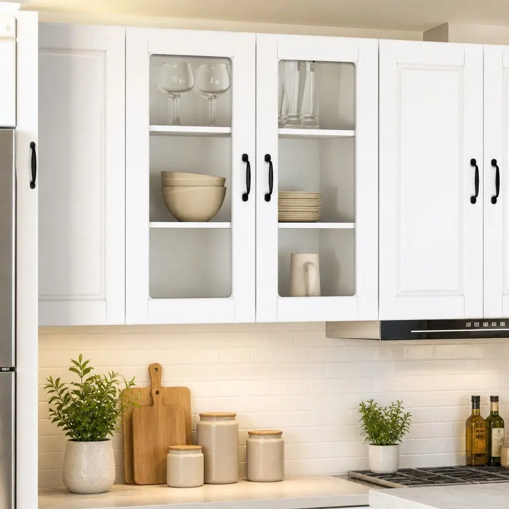 High Gloss White Wall-Mounted Glass Cabinet for Kitchens