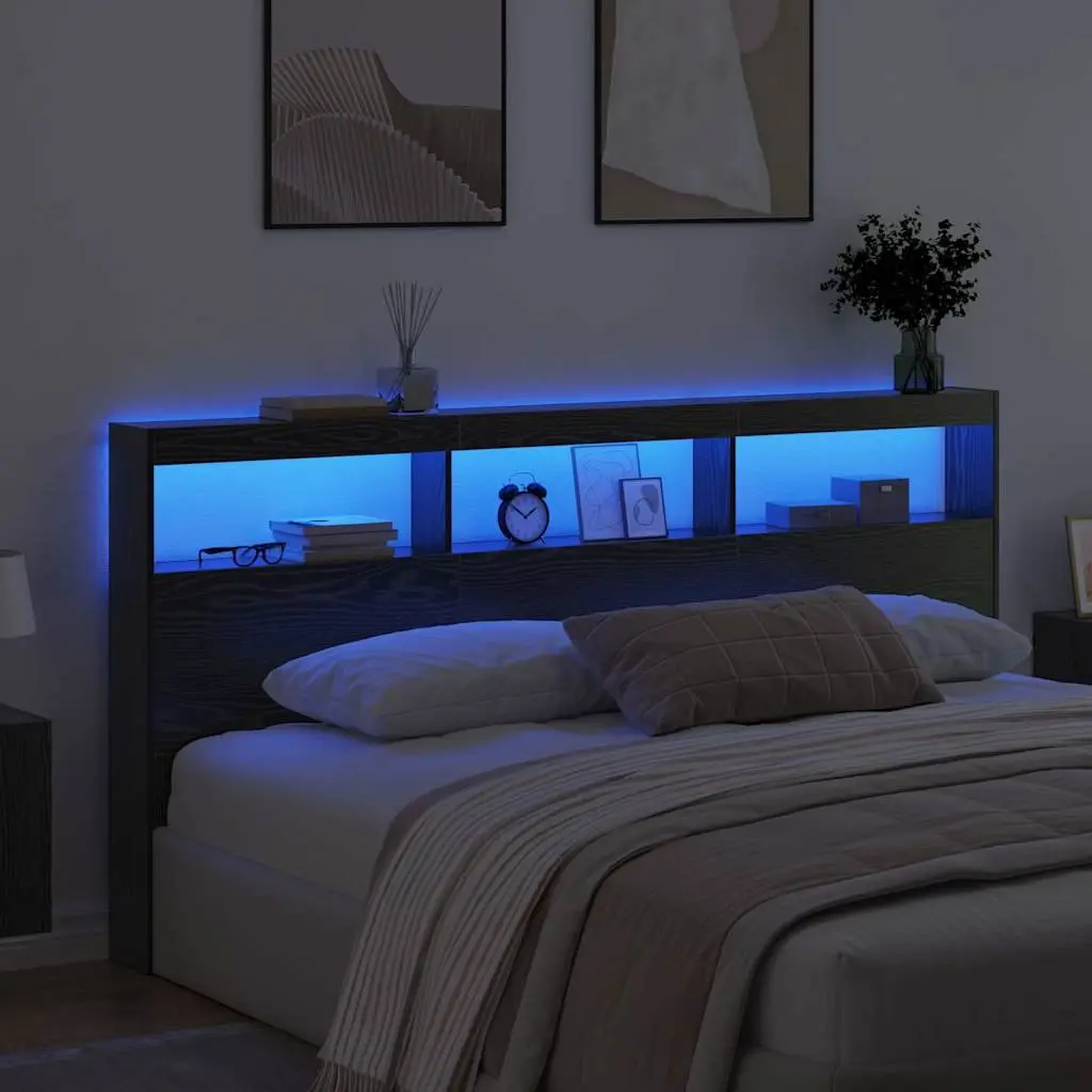Black Engineered Wood Headboard with LED Light