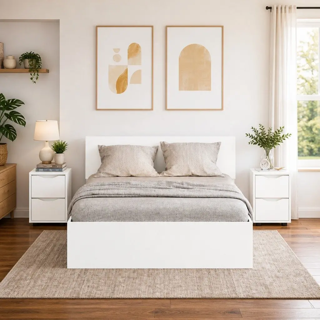 Bedside Table Modern White Engineered Wood Nightstand Bedroom Storage Drawer