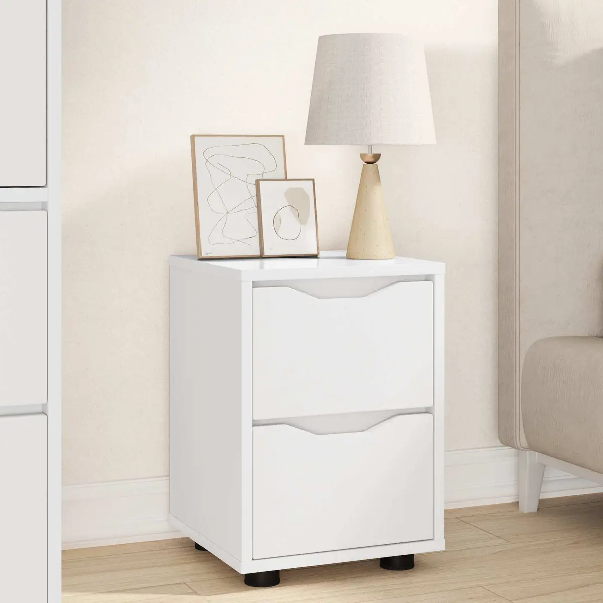 Bedside Table Modern White Engineered Wood Nightstand Bedroom Storage Drawer