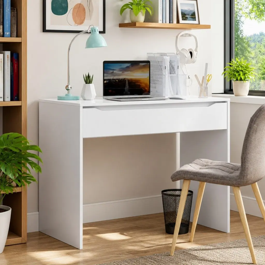 White Engineered Wood Desk with Integrated Drawer