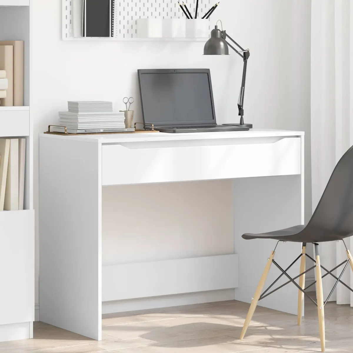 White Engineered Wood Desk with Integrated Drawer