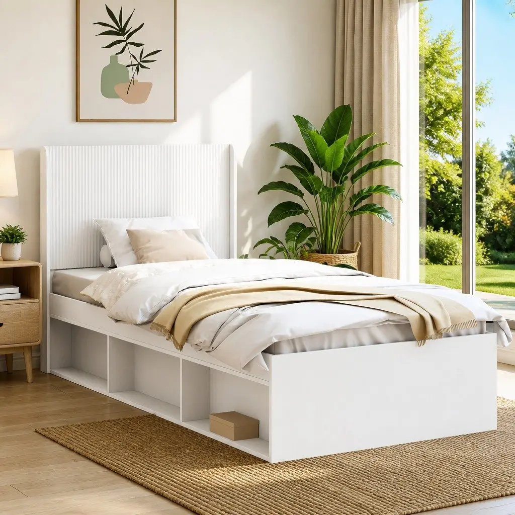 White Engineered Wood Headboard Vertical Slat Design Bedroom Furniture Bed Mount