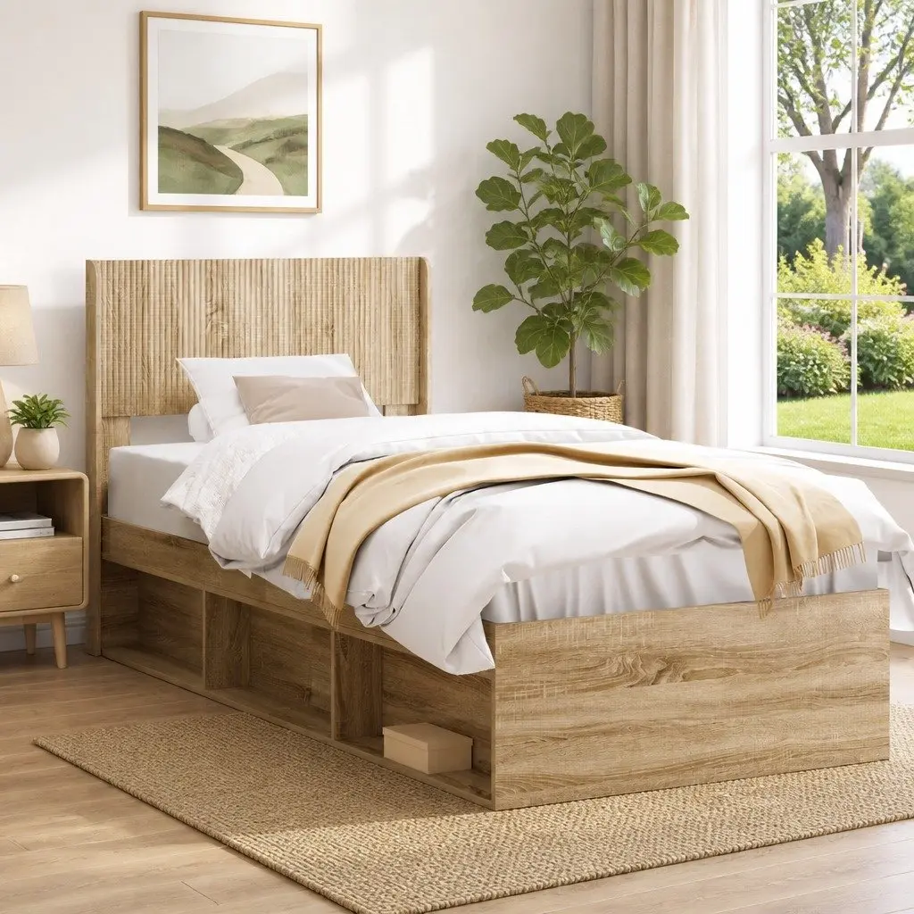 Brown Engineered Wood Headboard with Vertical Slats