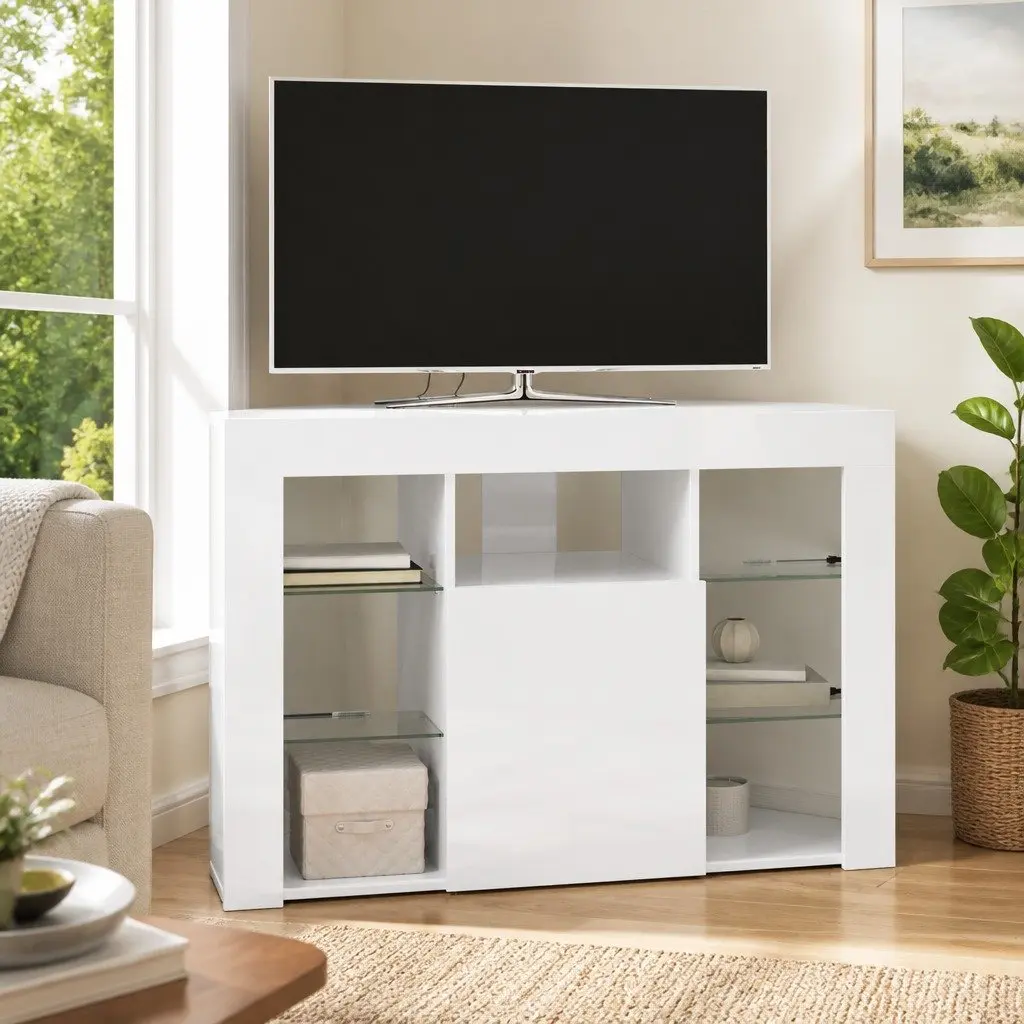 Corner LED TV Cabinet Wall-mounted High Gloss White Modern Living Room Storage