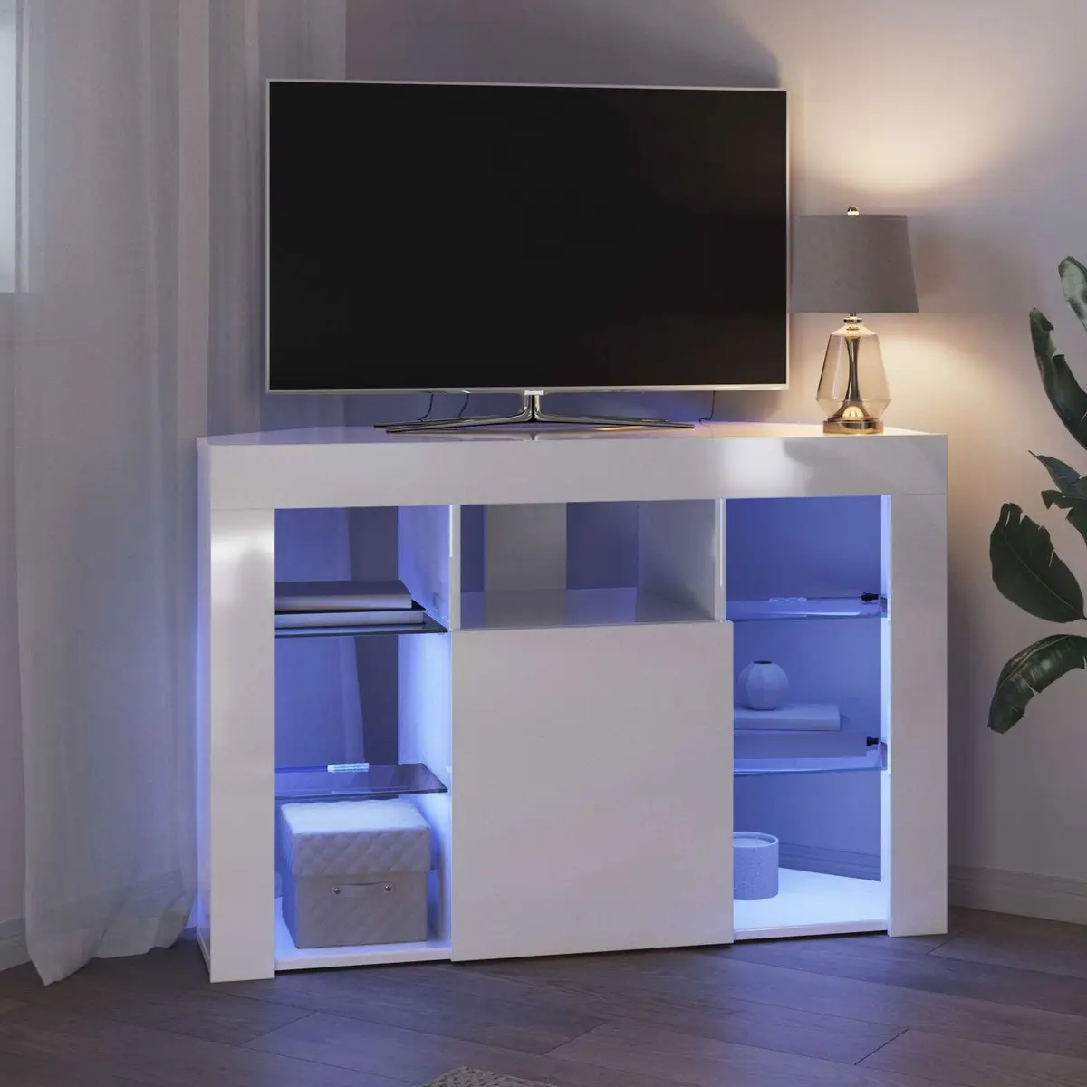 Corner LED TV Cabinet Wall-mounted High Gloss White Modern Living Room Storage