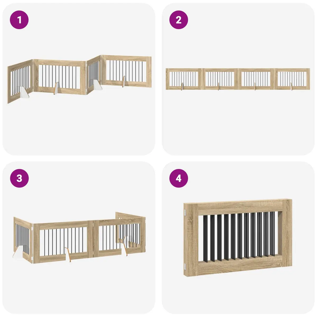 Foldable Dog Gate with Stands 4 pcs Brown Metal Pet Fence Indoor Portable