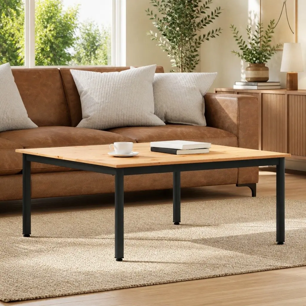 Coffee Table with Solid Pine Wood Top and Metal Legs