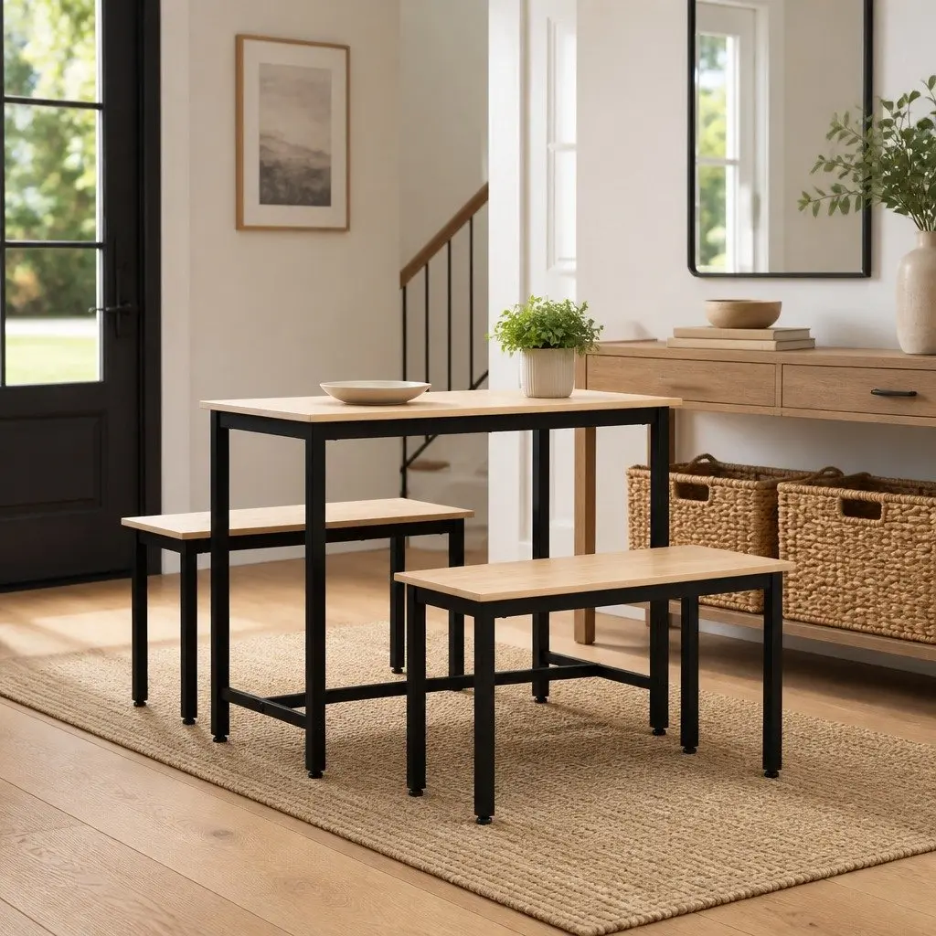 Solid Pine Wood Bench with Metal Legs