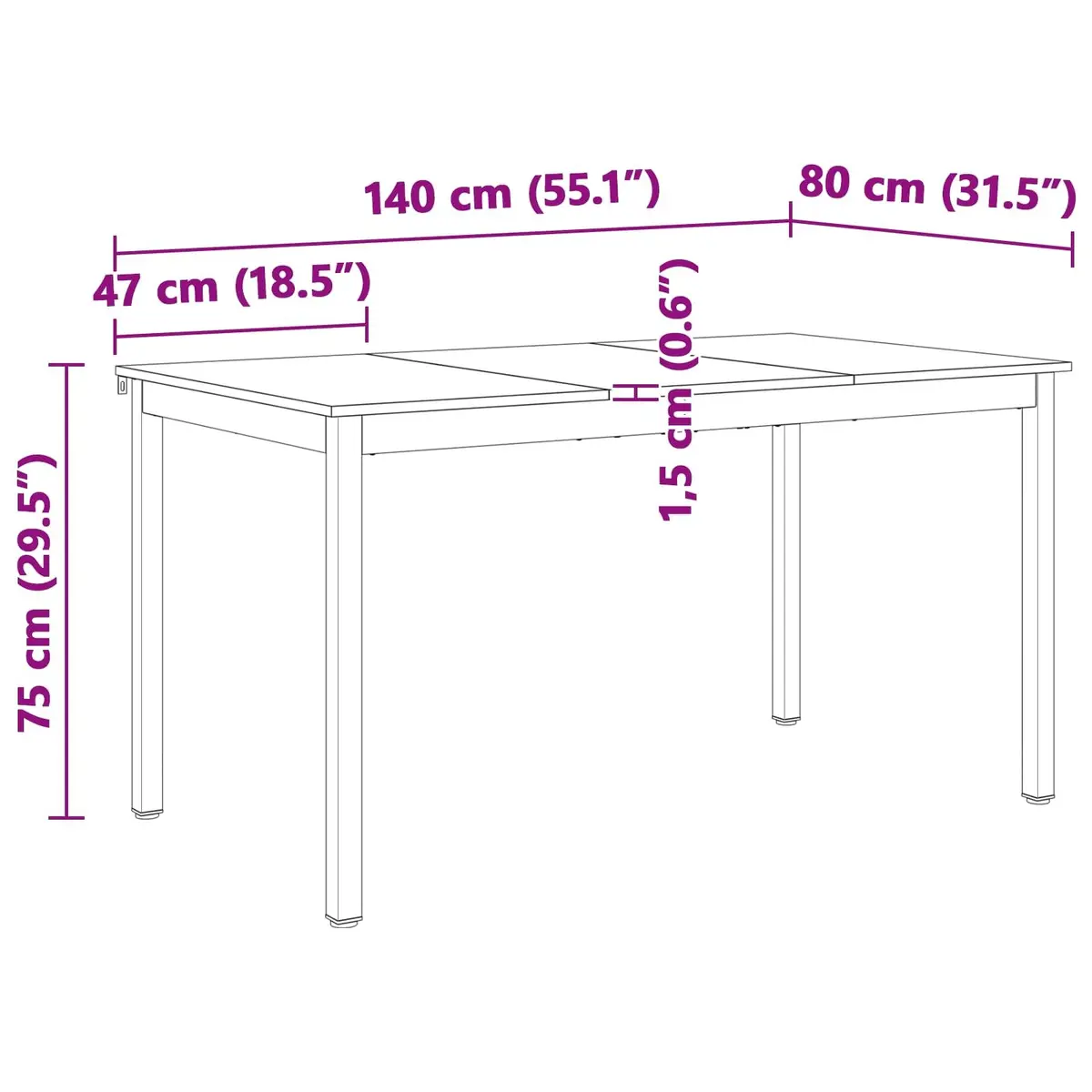 Solid Pine Wood Dining Table 140x80x75cm with Metal Legs
