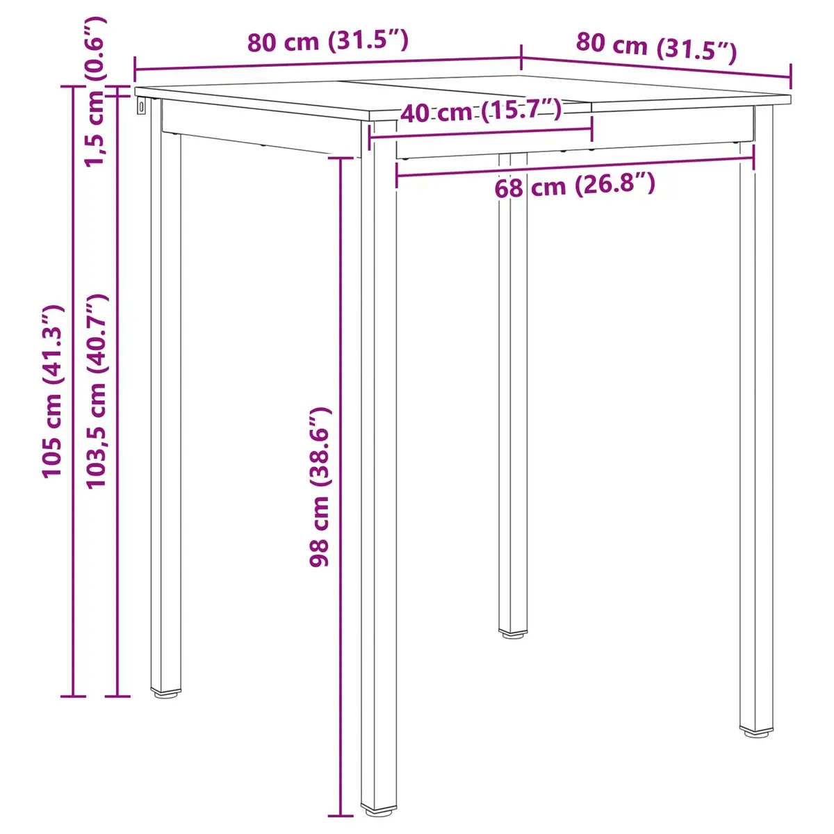 Industrial Style Bar Table 80x80x105cm in Solid Pine