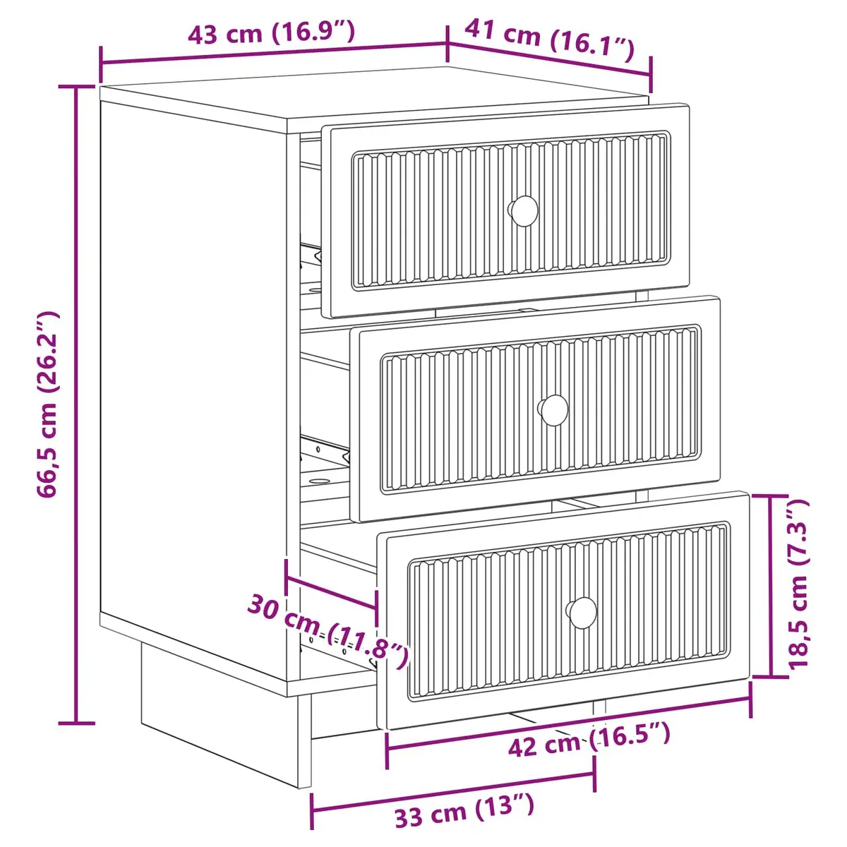 White Bedside Cabinet 43x41x66.5cm with Smooth Drawers