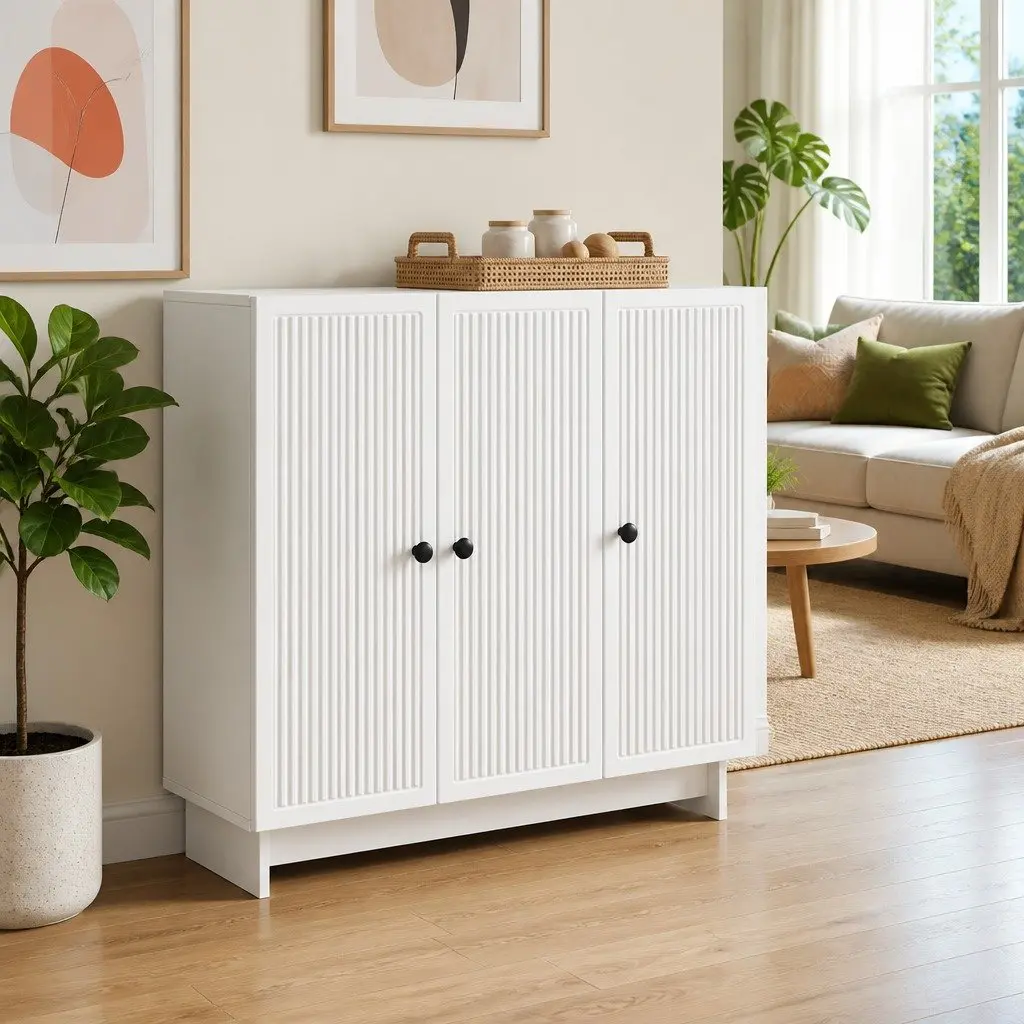 White Engineered Wood Sideboard Storage Cabinet