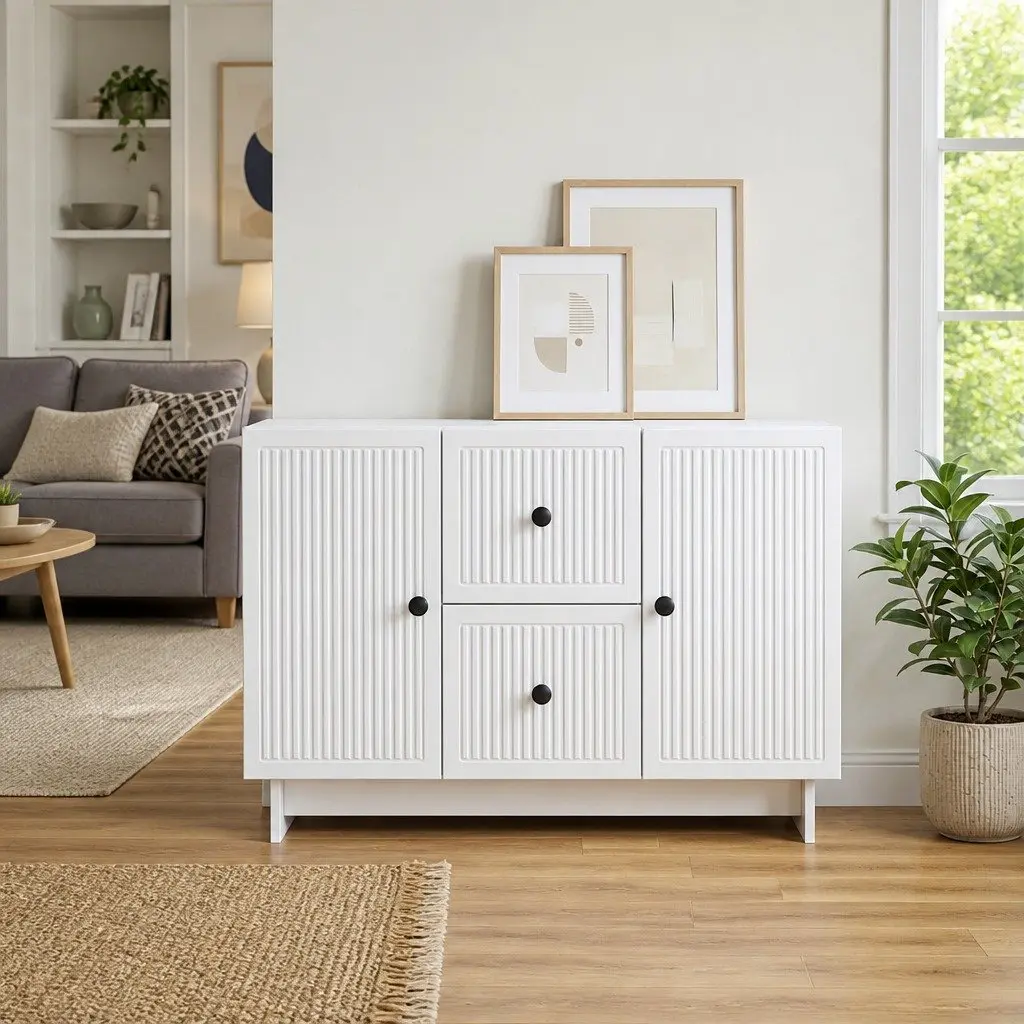 White Storage Sideboard with Drawers and Shelves