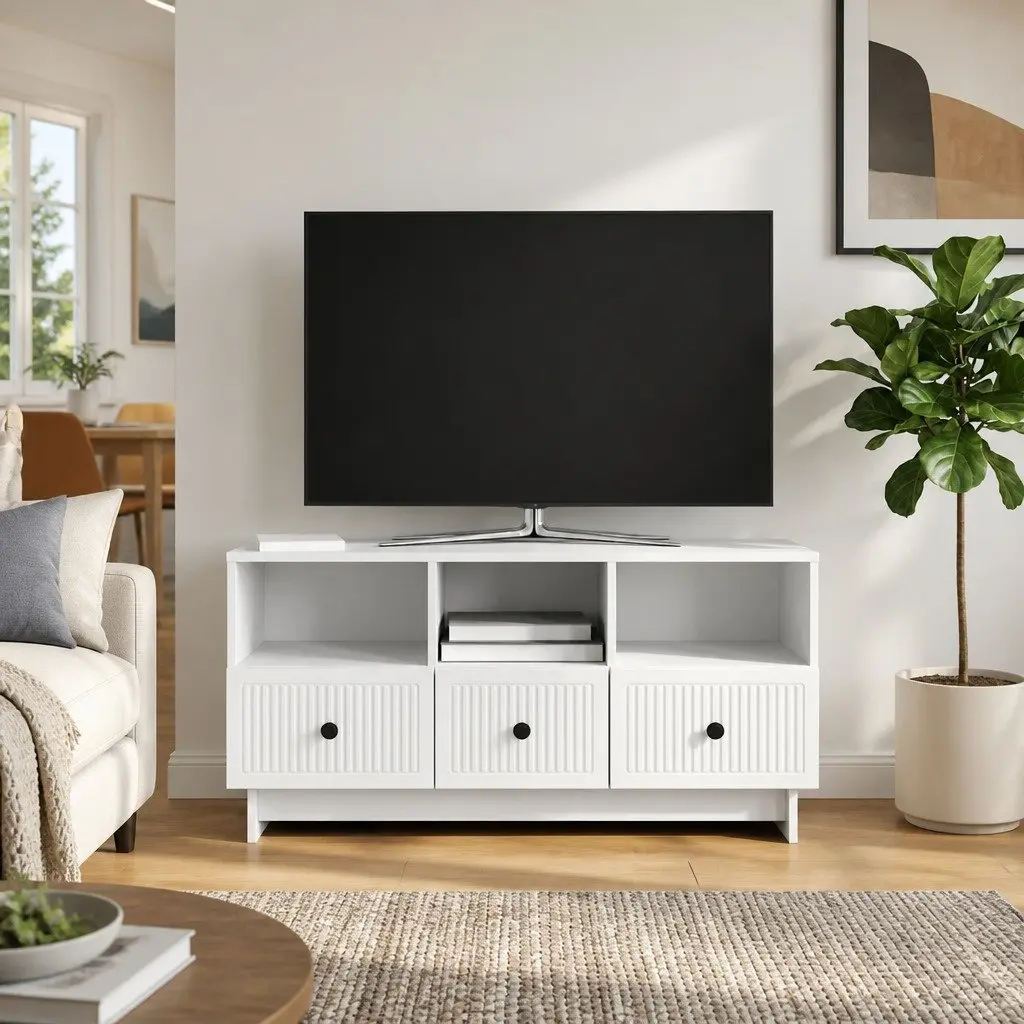TV Cabinet with Drawer White Modern Living Room Entertainment Unit Storage